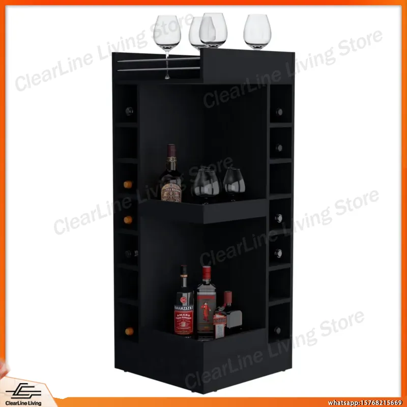 Wine Beer Rum - Schwarzer Eck-Barschrank mit Weinregal und offenen