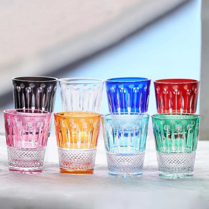 Wine Beer Jp - Handgefertigter, handgravierter, mehrfarbiger Kristallglas-Whiskey-Tumbler in Geschenkbox