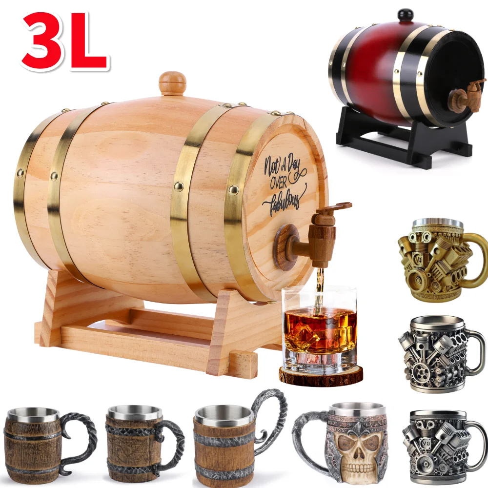 Wine Beer Rum - 3L Whiskyfass aus Holz mit Ständer,