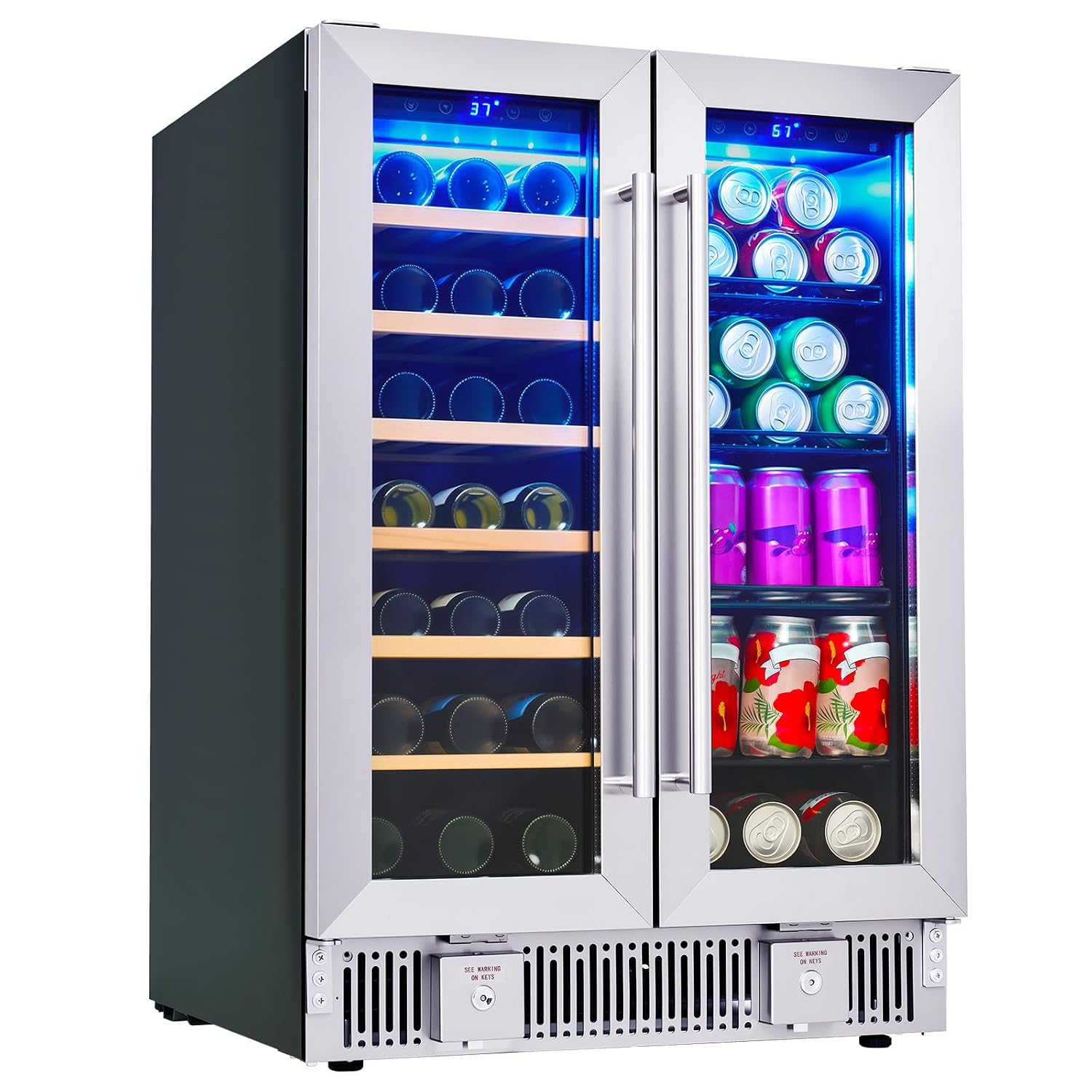 Wine Beer Fridge Under Counter - Getränkekühlschrank, 24-Zoll-Dual-Zone-Wein- und Bierkühlschrank mit Glastür,