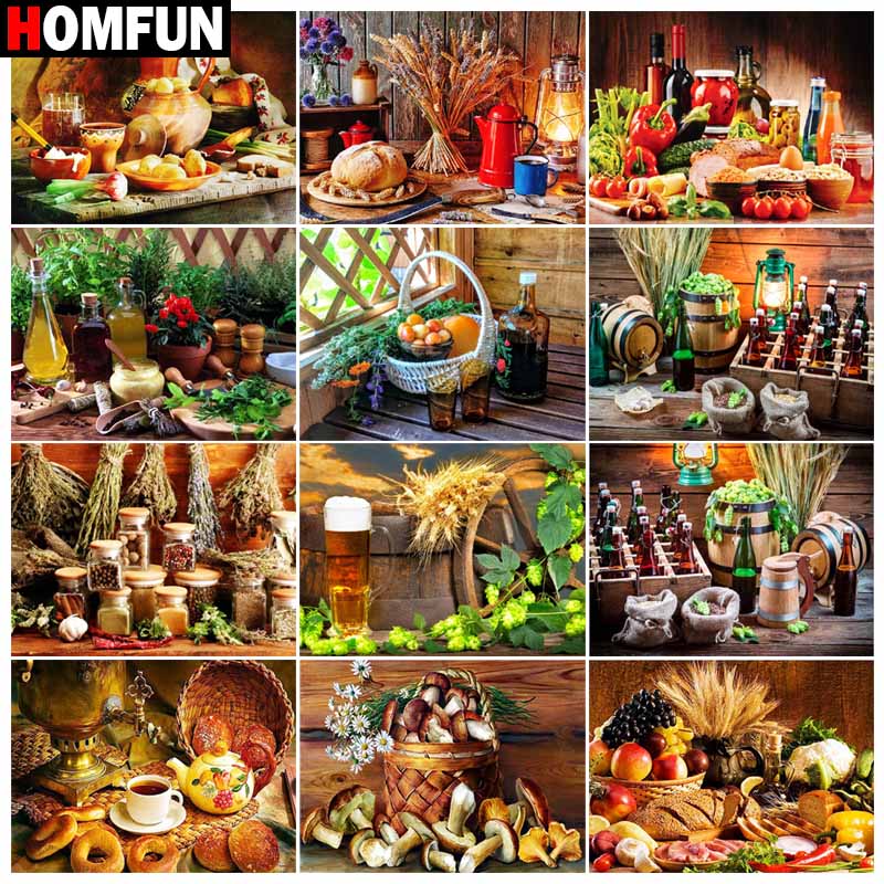 Beer Wine Up - HOMFUN Diamant-Gemälde, Kreuzstich, „Obst, Wein, Bier“,
