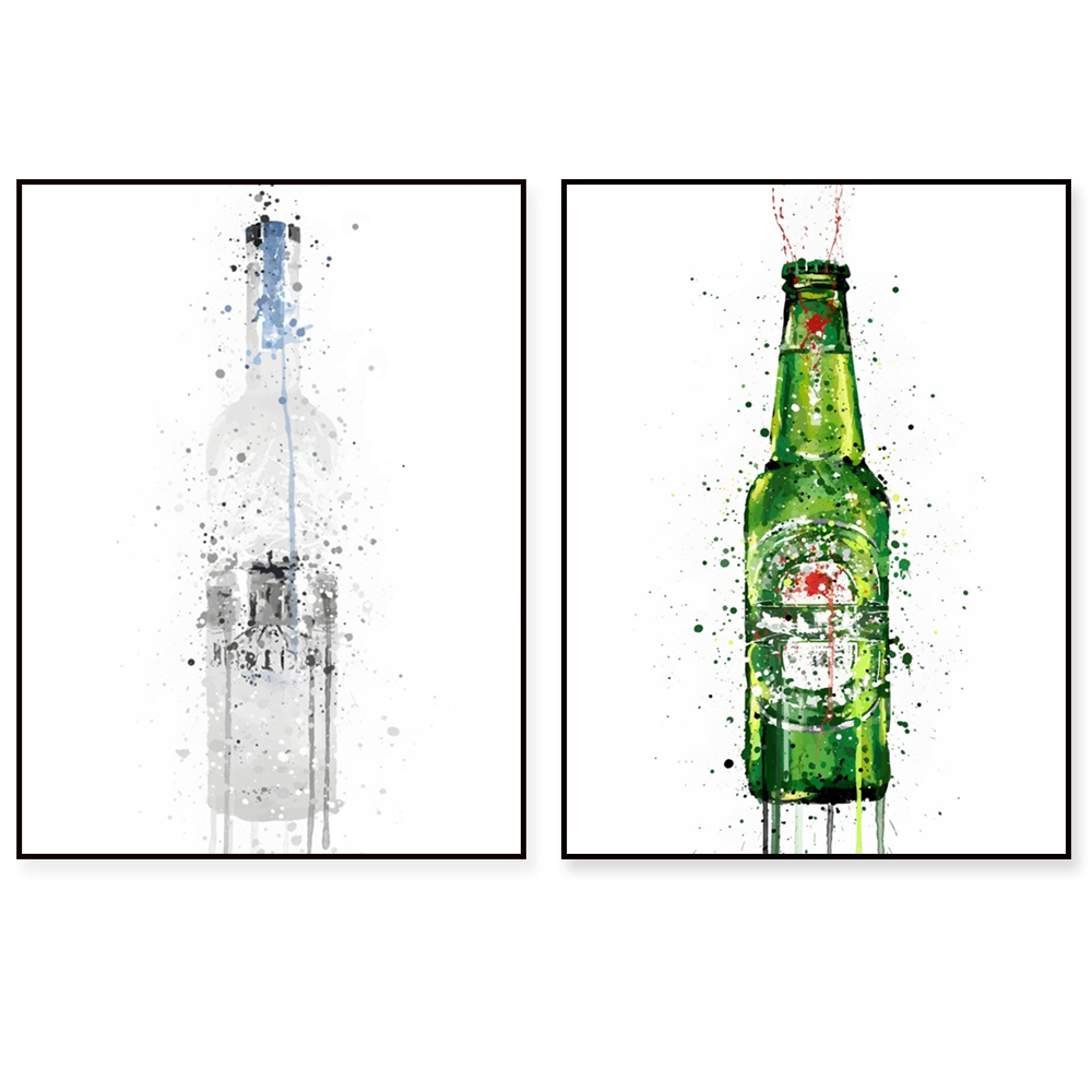 Beer Wine Gin - Champagner-Kunstposter, Bier, Gin, Whiskyflasche, Champagnerflasche, Aquarell-Splash-Dekoration